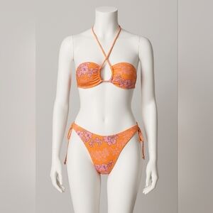 2/$25-Floral Halter Hawaiian 90s Vibes Bikini - Orange and Pink Size 6